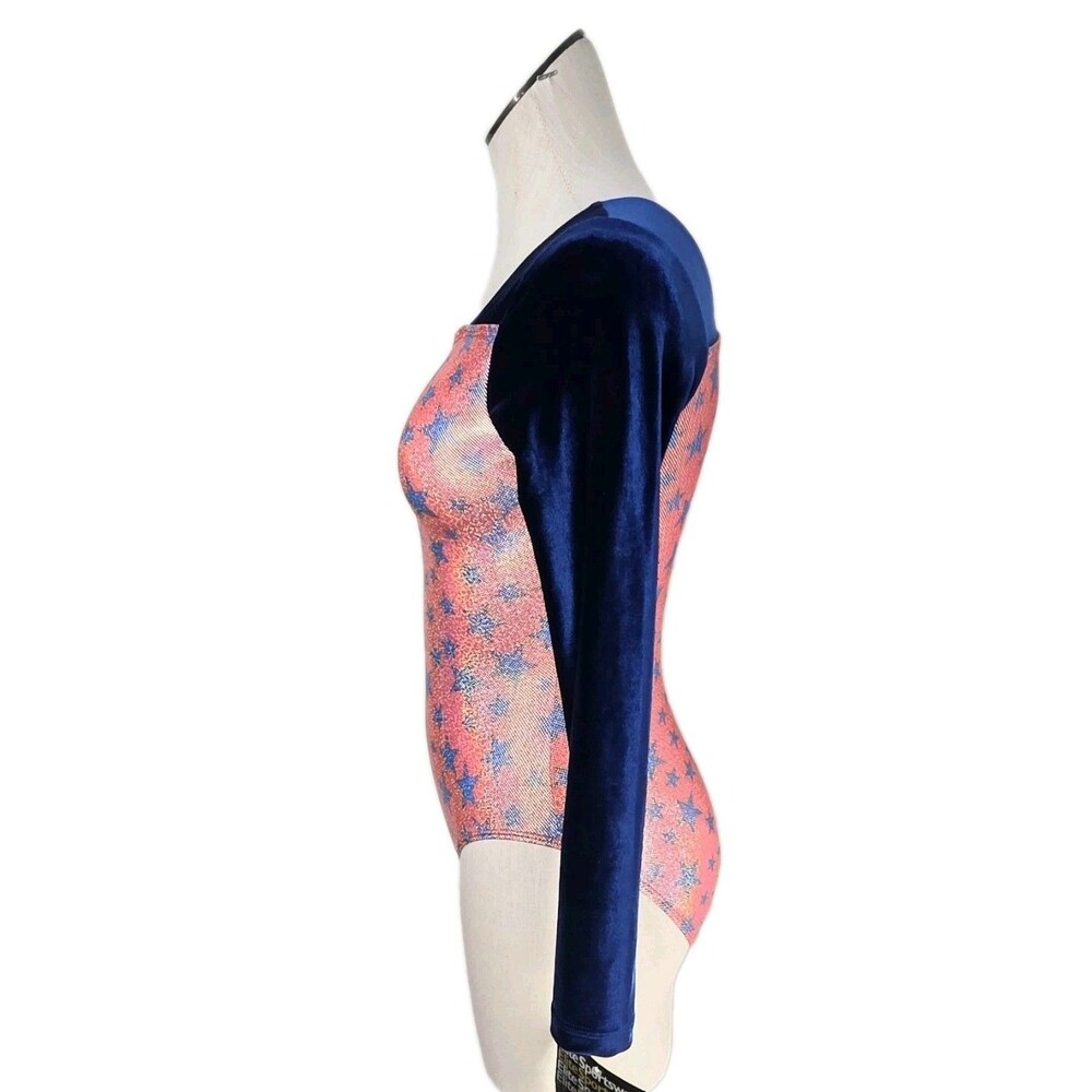 GK Elite VTG Shimmering Patriotic Holographic LS Velvet Leotard Red Blue Size AM - Picture 6 of 16